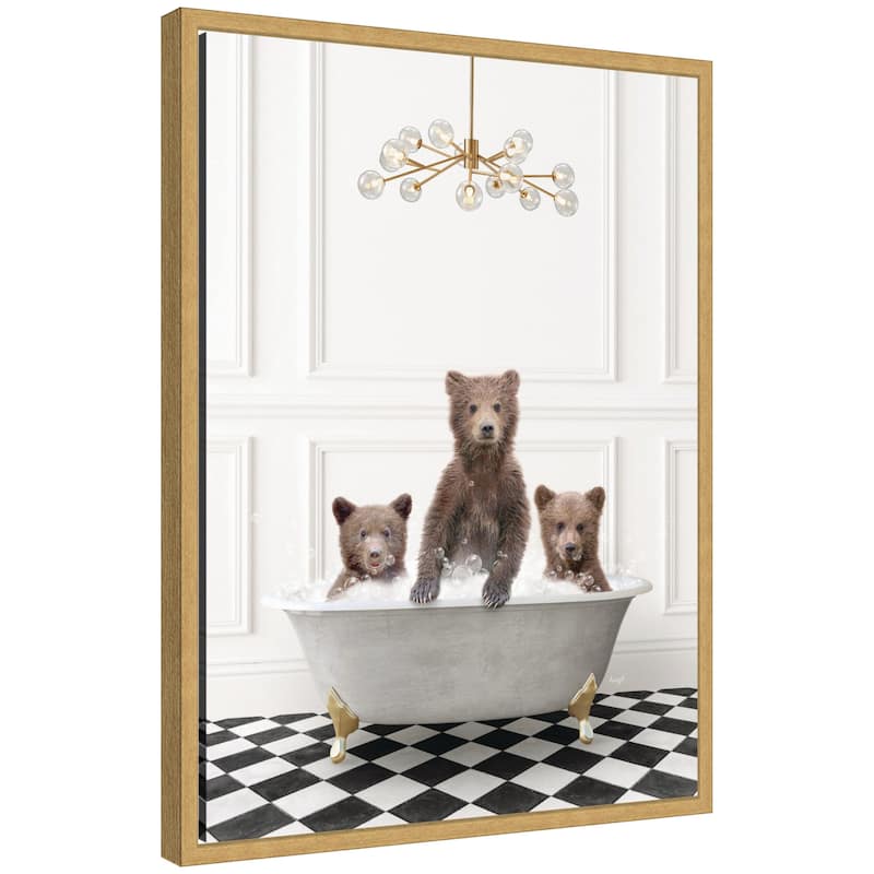 Kate and Laurel Sylvie Three Bears in Gray Bathtub on Checker Floor Framed Canvas by Amy Peterson - Yellow