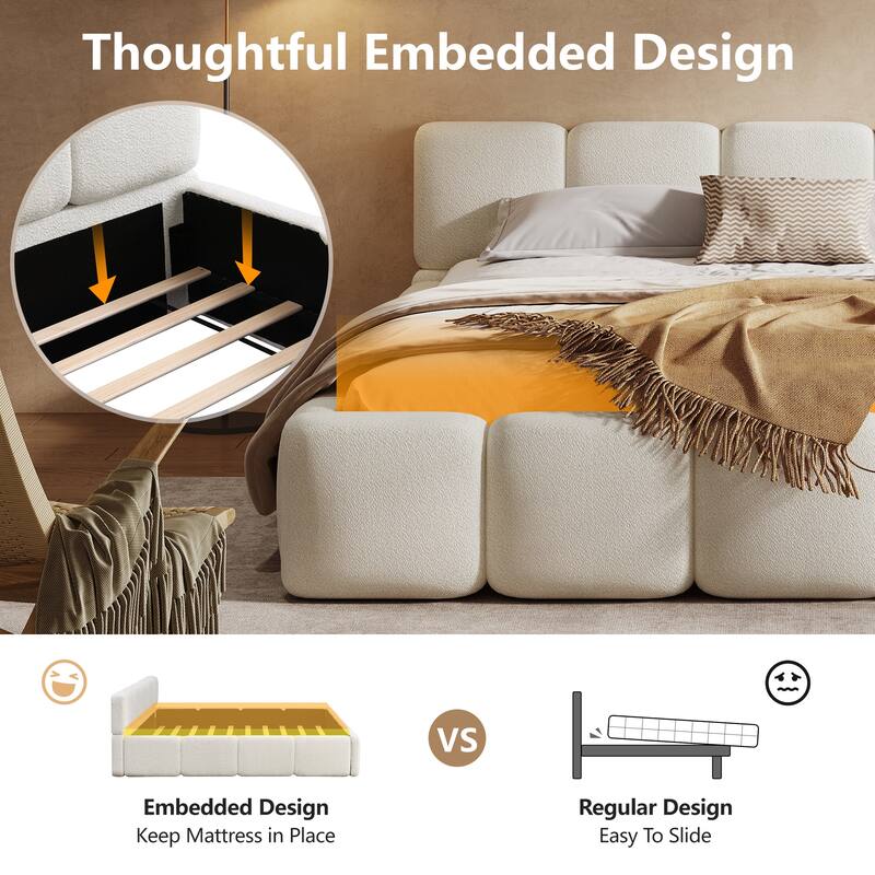 King/Queen/Cal King Platform Bed with Boucle Headboard & Footboard, Upholstered Grounded Frame