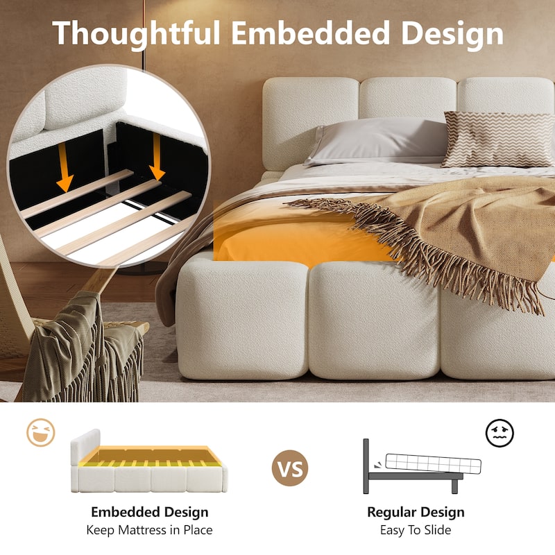 White Block Upholstered Frame Grounded Bed with Boucle Thick Headboard Footboard Platform Bed, Lowprofile Wingback Bed Floor Bed