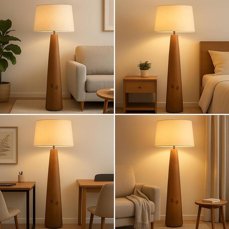 Brown 59" Tall Resin Floor Lamp with Woodgrain Base and Linen Shade