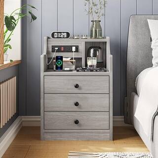 Nightstand 3 Drawers Charging Station End Side Table Bedroom