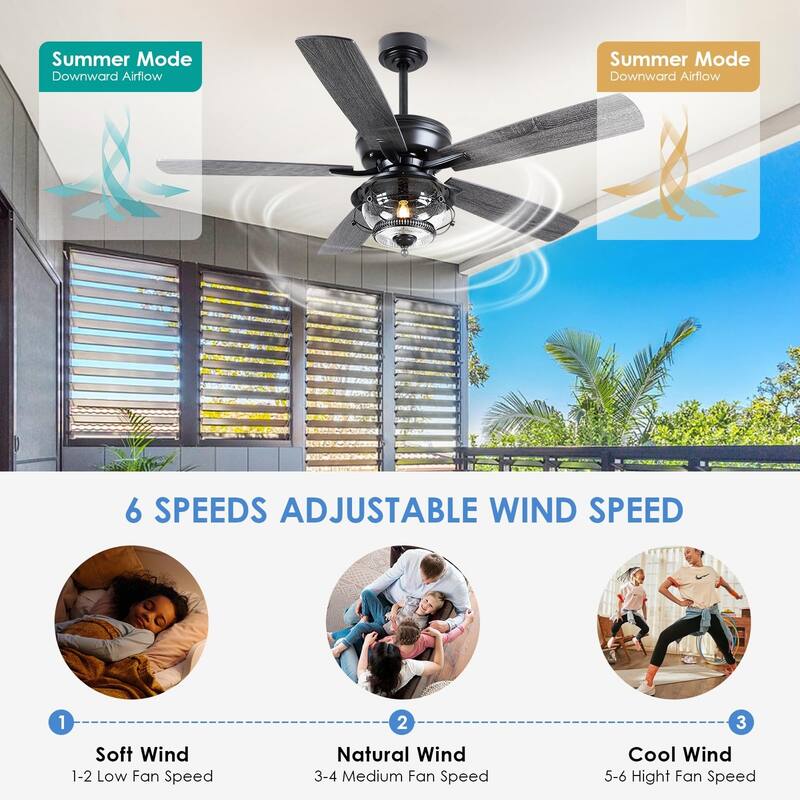 52 Inch Indoor and Outdoor Farmhouse Ceiling Fan with Light DC motor Wooden Blades Waterproof