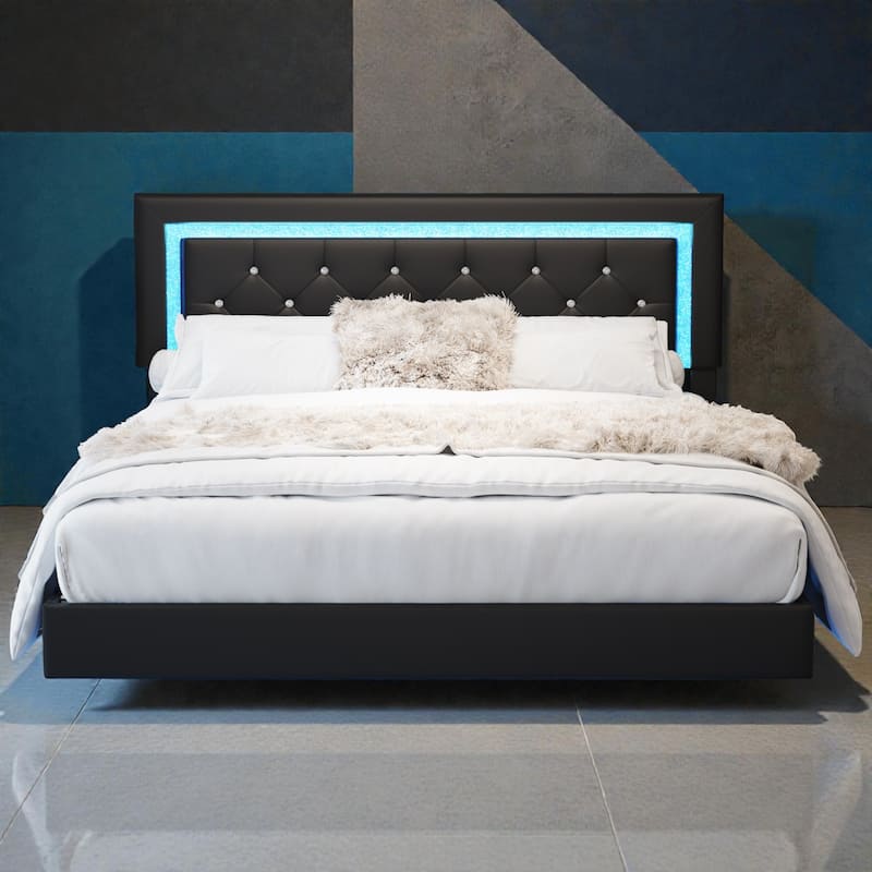 Floating Upholstered Bed Frame with LED Lights, Diamond Tufted Headboard, PU Leather Platform Bed, No Box Spring Needed - Black - Queen