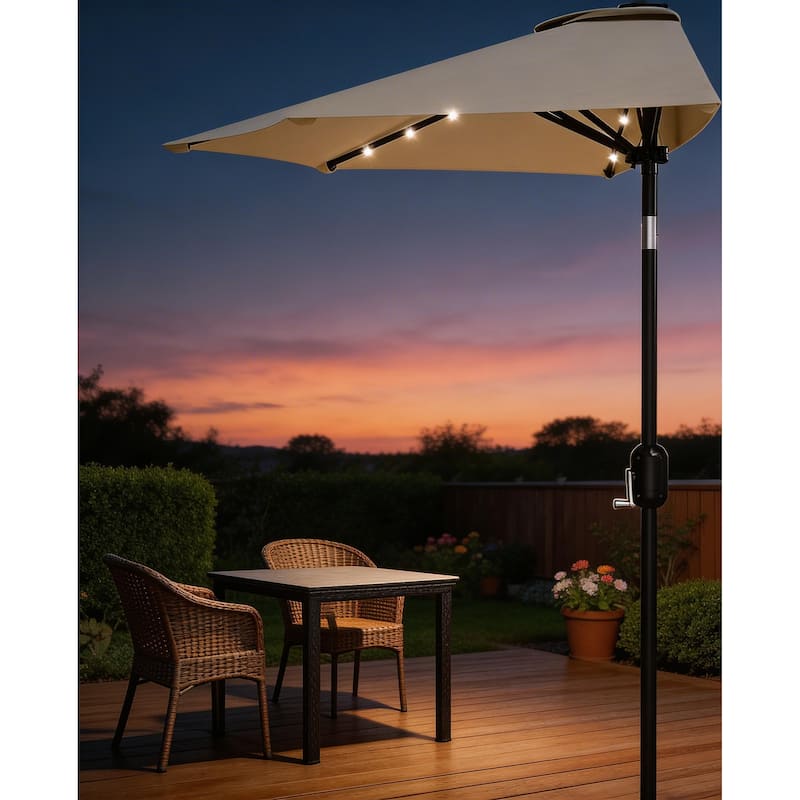 9ft Outdoor Patio Half Umbrella, with Solar LED Lights and Smooth Crank Lift - Beige