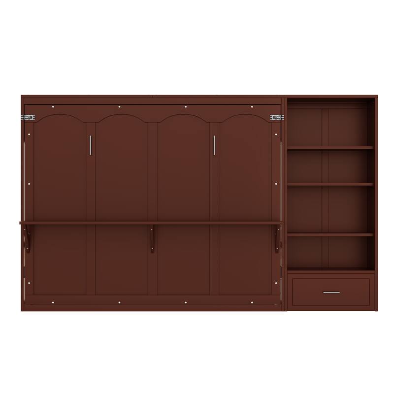 Murphy Bed Foldable Platform Bed Frame Queen Size Wall Bed with Drawer and Storage Cabinet Adjustable Height Compartments Shelf