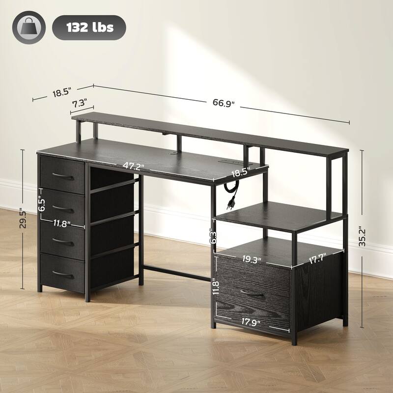 Computer Desk with File Cabinet and Fabric Drawers, Office Desk with Charging Station LED Lights and Monitor Stand