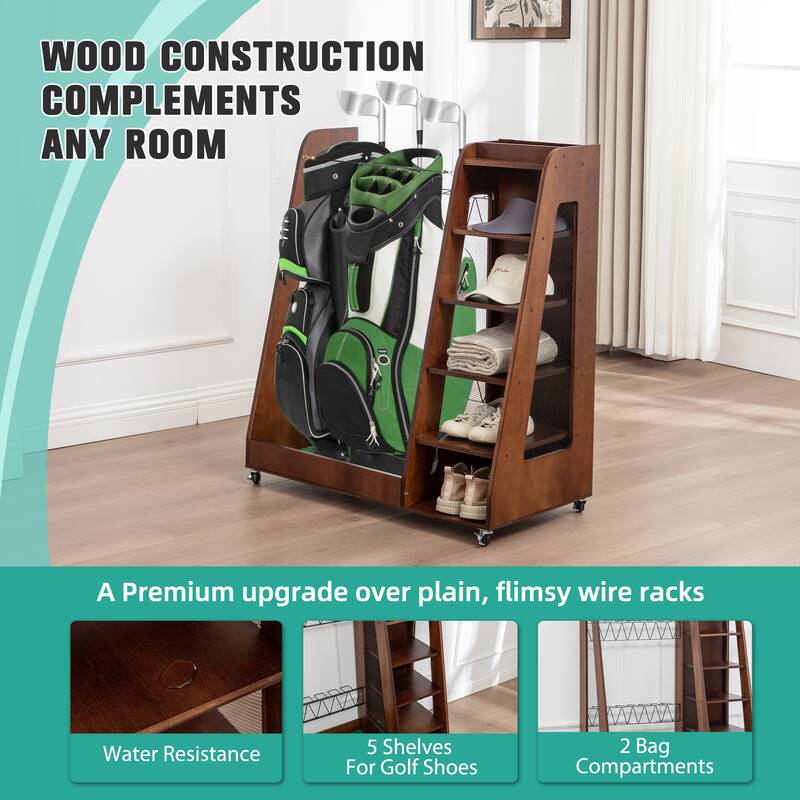 Wooden Golf Bag Organizer and Storage Rack - Holds 2 Golf Bags, 12 Clubs, 4-5 Pairs of Golf Shoes, 50+ Golf Balls