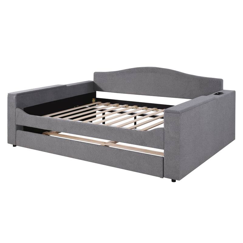 Gray Full Size Upholstered Daybed with Storage Armrests, Trundle & Bluetooth