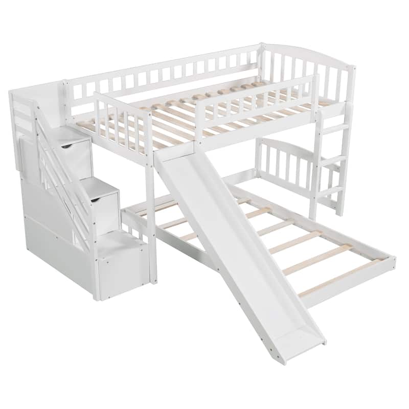 Stairway Twin over Twin Bunk Bed with Two Drawers and Slide, White