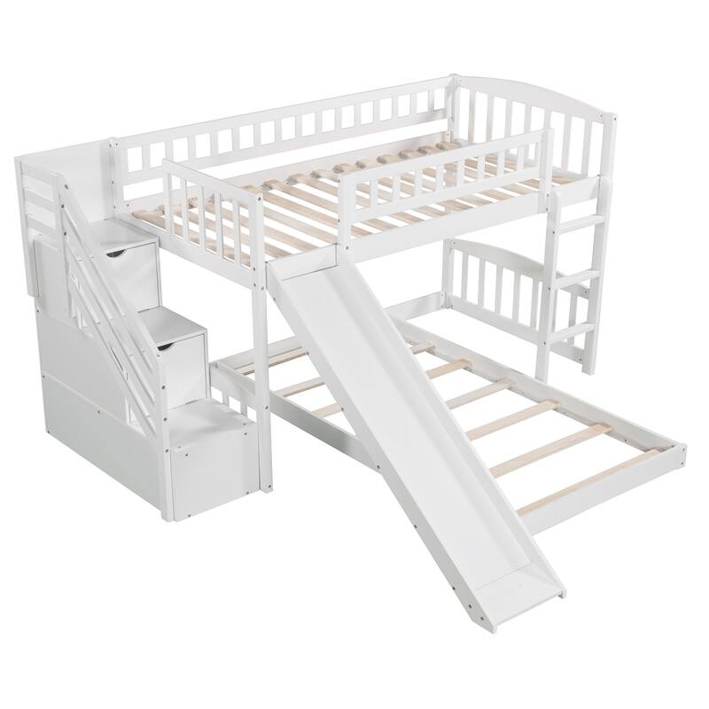 Twin over Twin Bunk Bed with Storage Stairs and Slides, Low Profile Platform Bed, Daybed and Floor Bed Set, No Box Spring Need