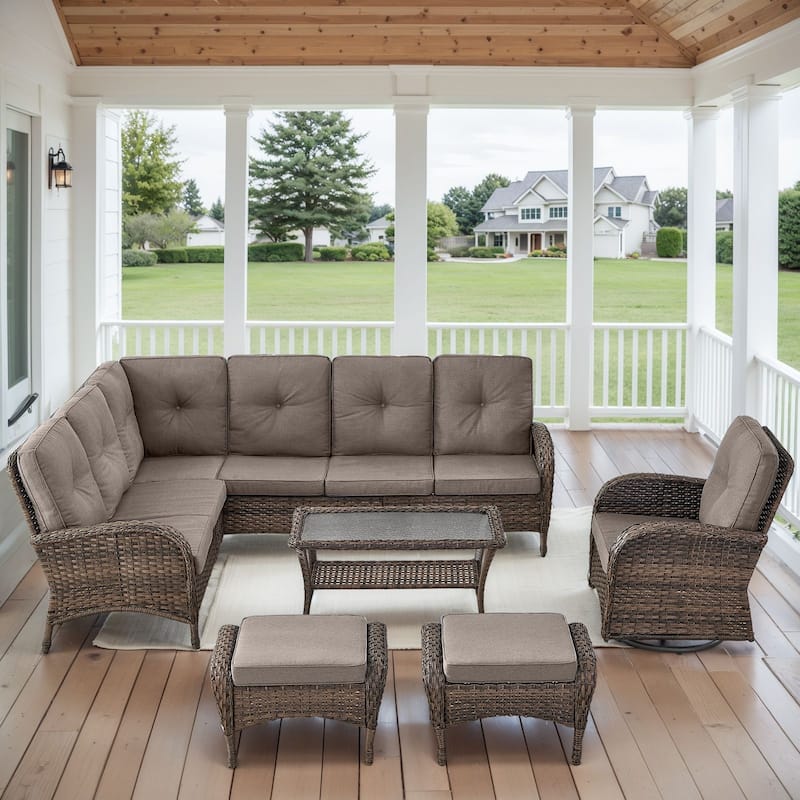 Outdoor Sectional Sofa with Cushion Funiture Set - Brwon Wicker Grey Cushion - 6PCS Sectional Sofa w/ Chair Ottoman