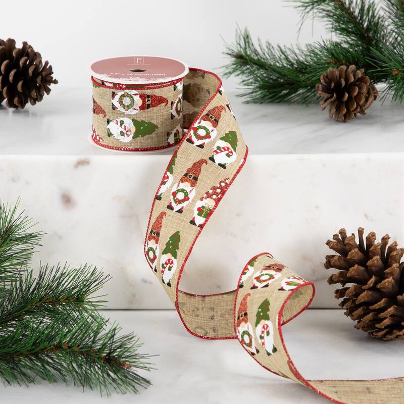 Santa Gnome Wired Craft Christmas Ribbon 2.5" x 10 Yards