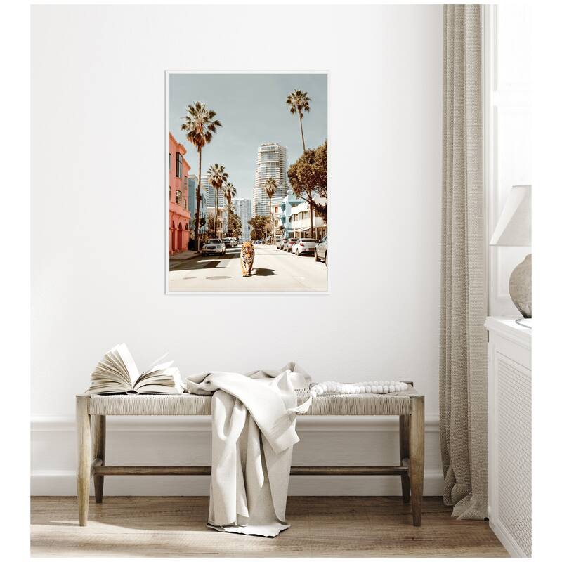 Kate and Laurel Sylvie California Tiger Roaming through Palm Springs Framed Canvas by Michael Schauer