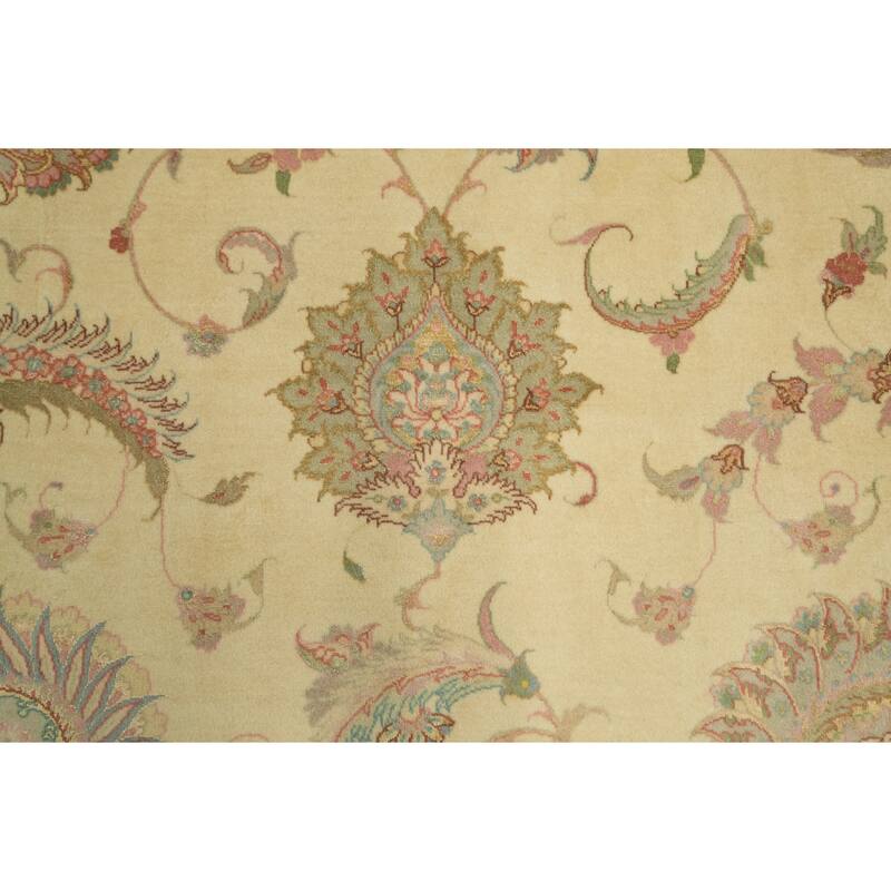 Hand Knotted Oriental Wool & Silk Carpet Traditional All-Over Beige & Ivories Tabriz Area Rug - 9' 9'' X 6' 8''