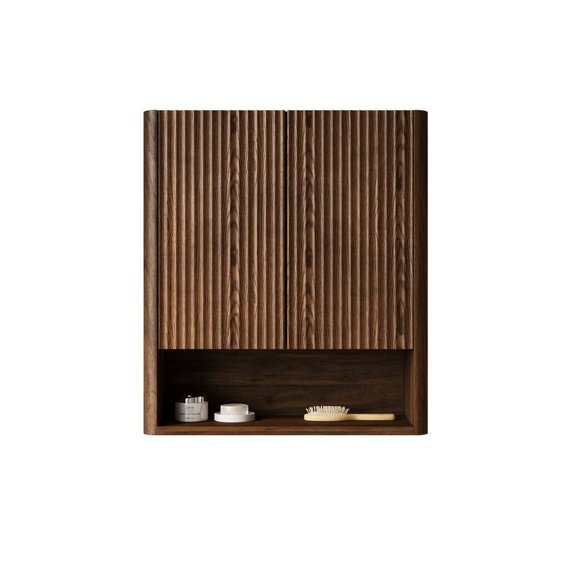 26" Wall-Mounted Striped Bathroom Cabinet, with Doors, Shelf and Open Storage Compartment Over The Toilet Storage Cabinet - Dark Walnut