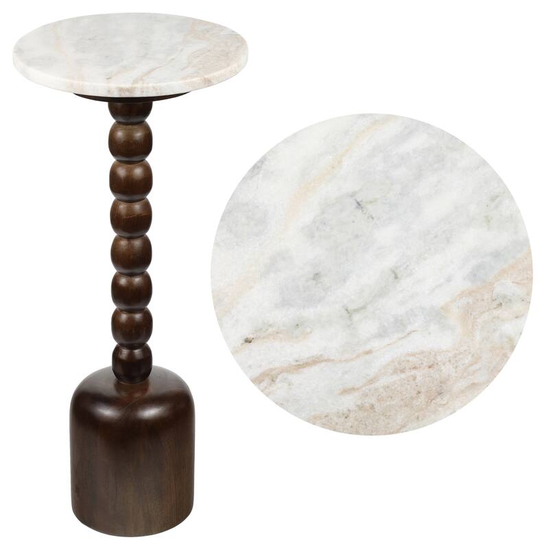 Turner 24.5" Designer Cottage Spindle Wood Drink & End Table, White Marble Top, By JONATHAN Y - Dark Brown/Beige/Gray