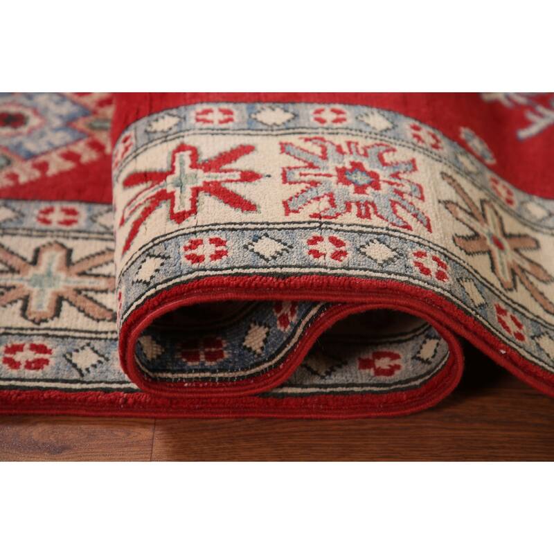 Red Geometric Kazak Area Rug Handmade Bedroom Wool Carpet - 5'0" x 6'9"