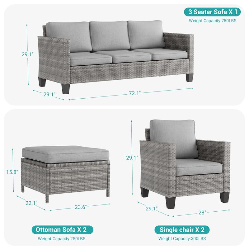 BONOSUKI 5-Piece Patio Sofa Sets Grey Rattan Outdoor Furniture Set