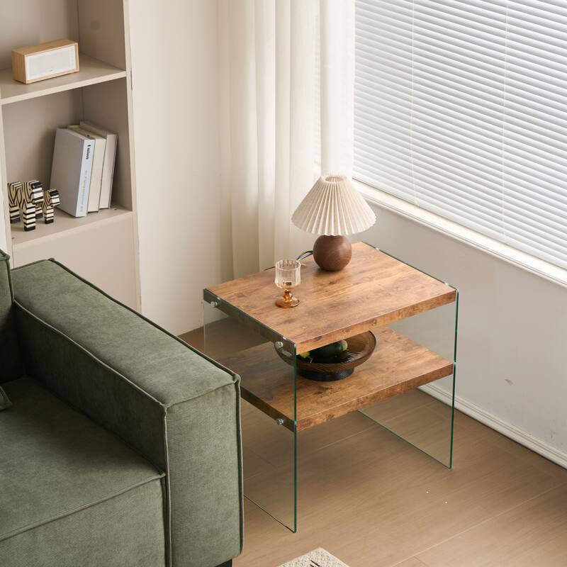 Space-Saving MDF Accent Table - Walnut Veneer & Tempered Glass Top‌