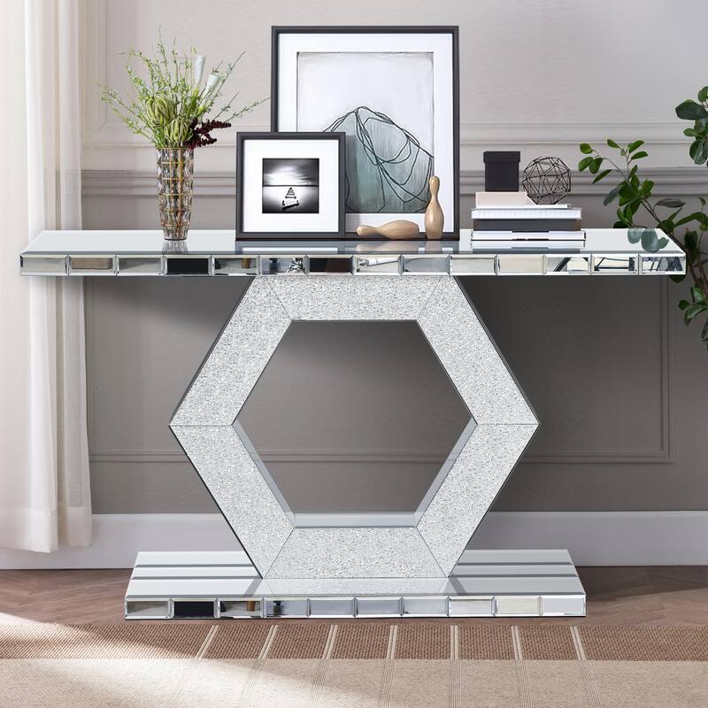 Sparkling Crystal Hexagon Mirror Entryway Console Table Diamond Glass Dual-Tier Luxury - Silver