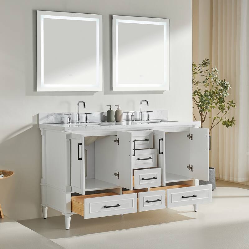 GDFStudio - Modern 60" Freestanding Bathroom Vanity with Dual Engineered Carrara Marble, Fully Assembled