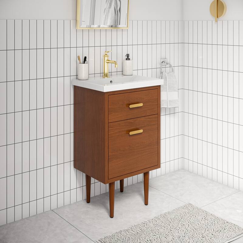 Brandy Integrated Ceramic Sink Top Vanity in Honey Walnut with Satin Gold Single Faucet
