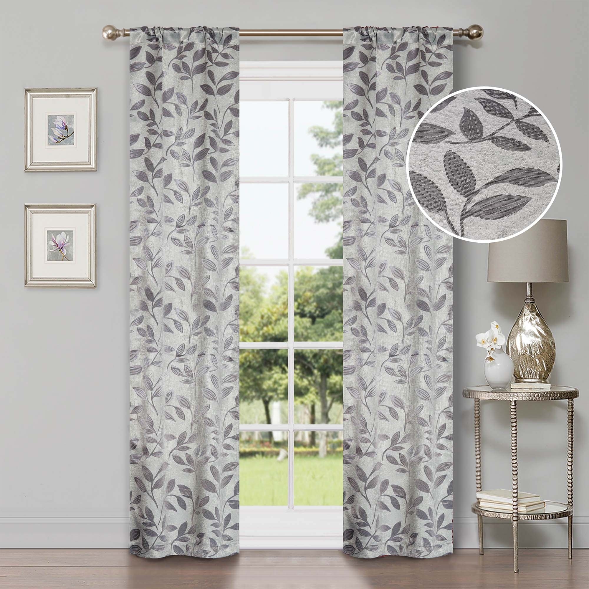 Superior Leaves Machine Washable Room Darkening Rod Pocket Blackout Curtains, Set of 2
