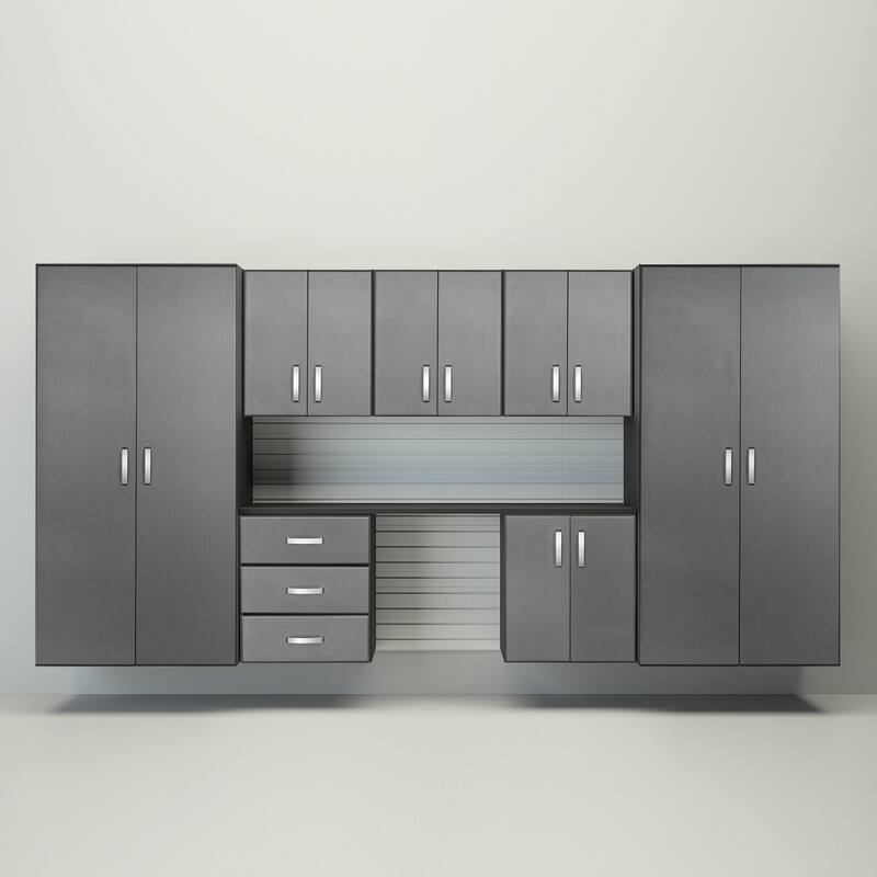 Flow Wall 8 Piece PVC Indoor Cabinet Deluxe Workstation - White Slatwall / Graphite Carbon Cabinets