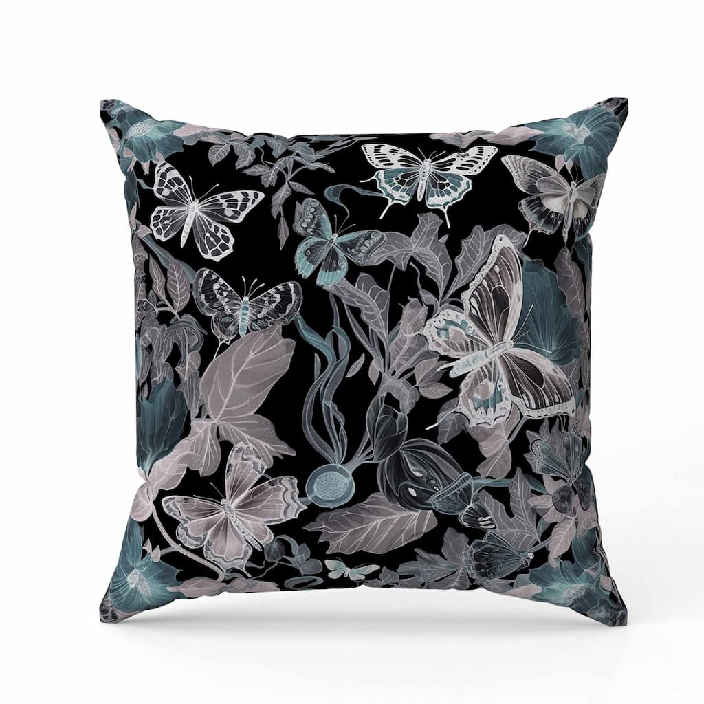 Butterfly Haven Indoor/Outdoor Reversible Throw Pillow Black and Teal
