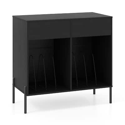 Modern Record Stand with USB Charging Station and 2 Drawer Storage Vinyl Album Organizer Shelf - 31.5" x 16" x 30.5"