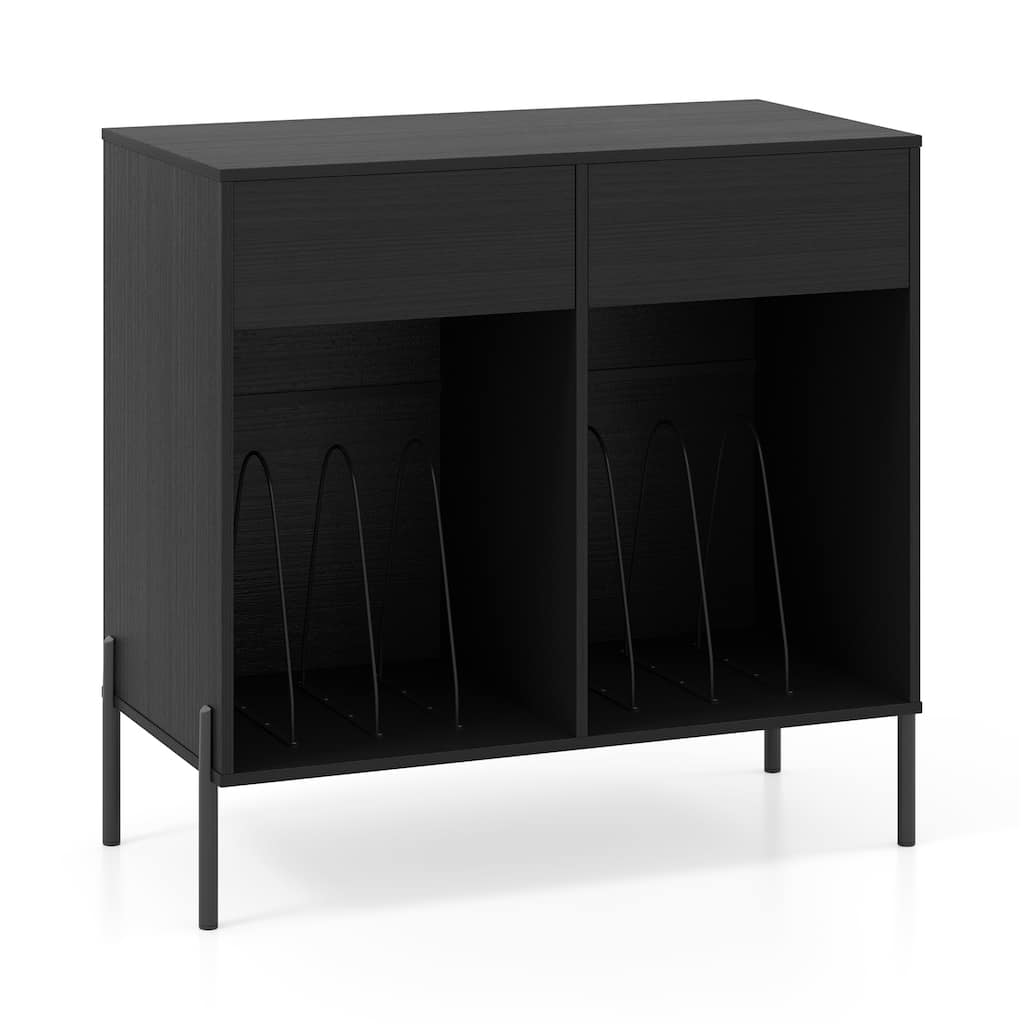 Modern Record Stand with USB Charging Station and 2 Drawer Storage Vinyl Album Organizer Shelf - 31.5" x 16" x 30.5"