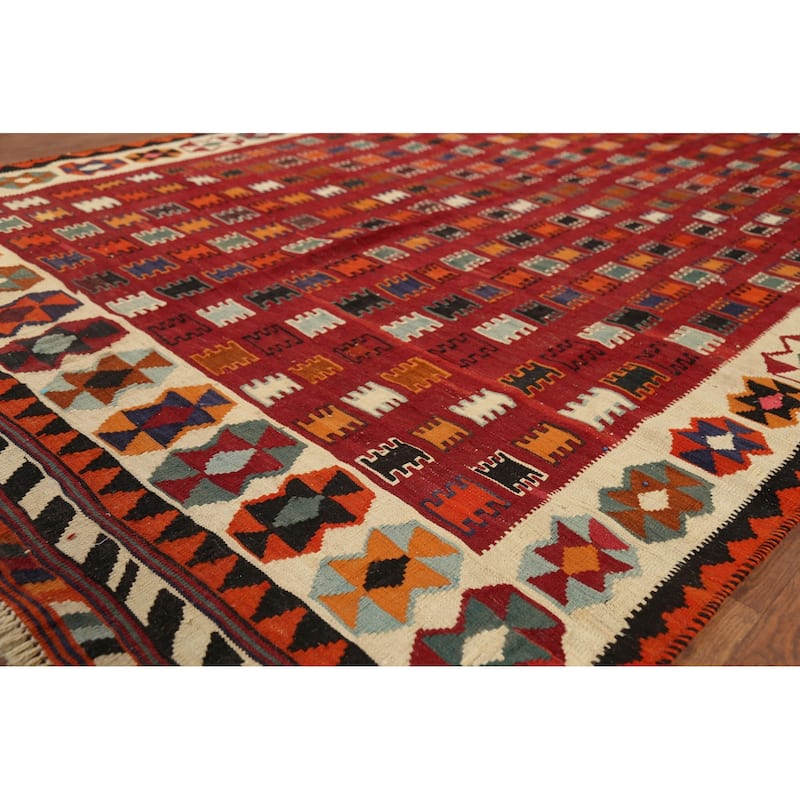 Vegetable Dye Tribal Kilim Qashqai Persian Vintage Wool Carpet - 5'9"x 9'7"