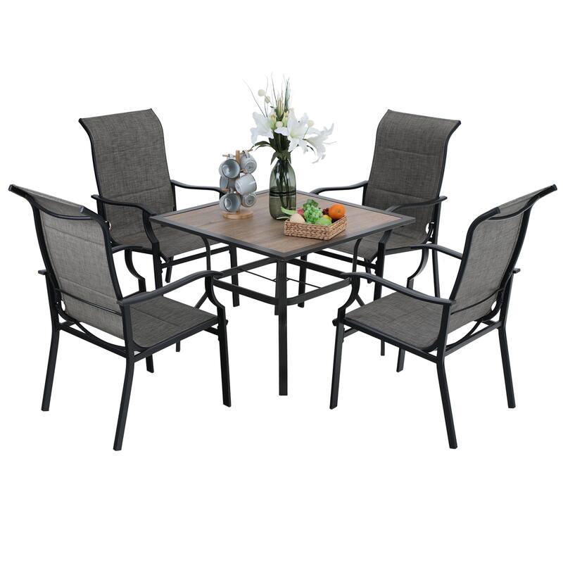 MAISON ARTS 7-Piece / 5-Piece Padded Textilene Chairs with Wave Arms & Wood-like Table Patio Dining Set