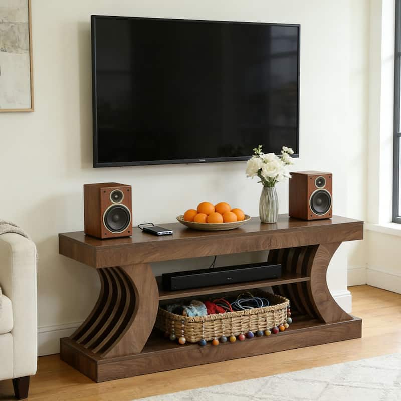 63" Farmhouse TV Stand with 3-Tier Storage Shelf - Walnut