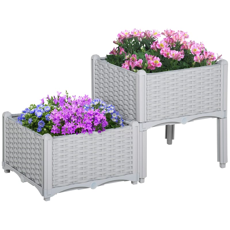 Anmytek Outsunny 2 Piece Raised Garden Bed with Legs, Self-Watering Planter Box Raised Bed to Grow Flowers - Gray