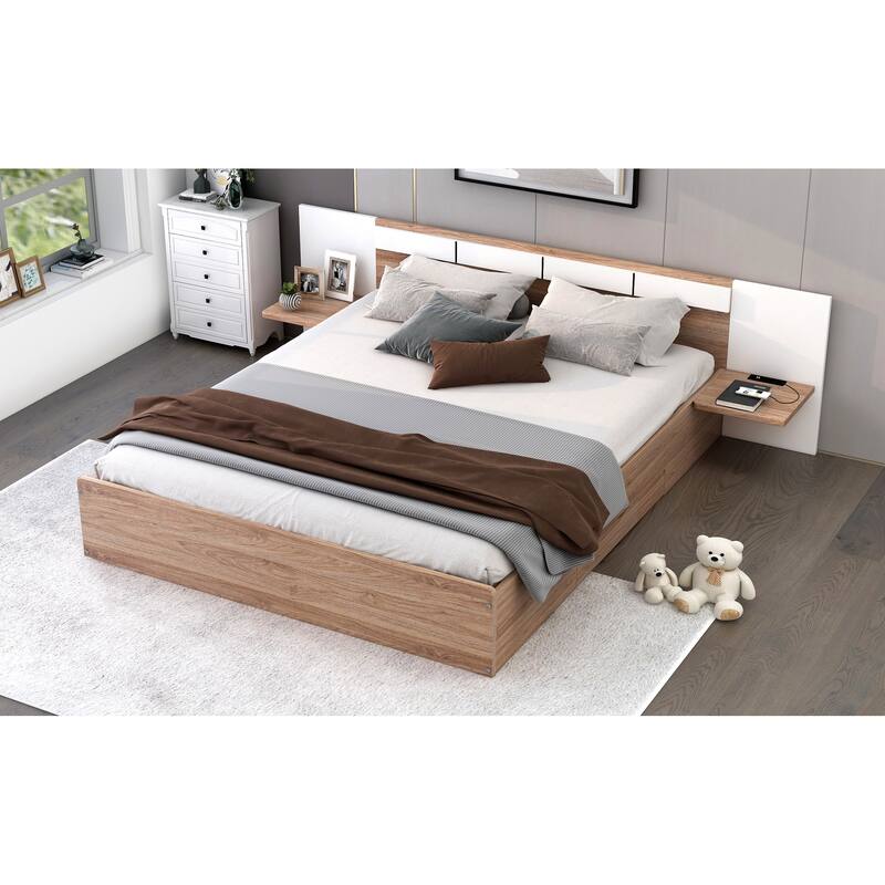 Modern Queen Platform Bed with Storage Drawers, USB Ports, and Headboard Shelves