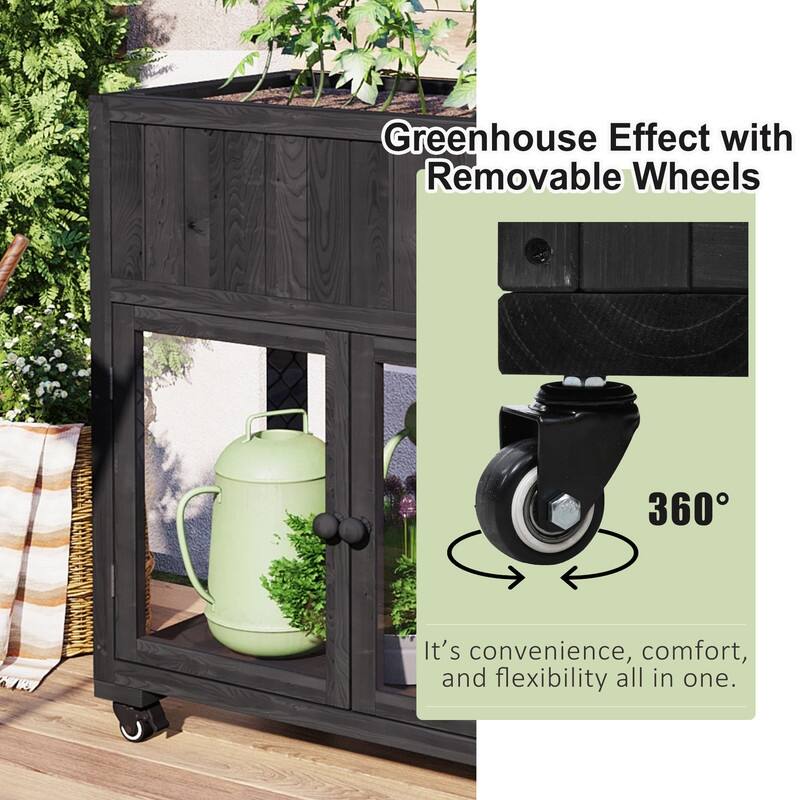 Compact 2-Door Wood Cold Frame Greenhouse with Wheels, 35.4"x17.7"x37.4" Raised Bed for Indoor & Outdoor Gardening - 4'x6'