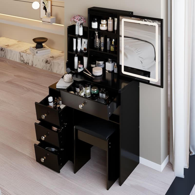 29.2"Small Size Left Bedside Cabinet Vanity Table + Cushioned Stool, Large Sliding, Touch Control, Brightness Adjust LED Mirror