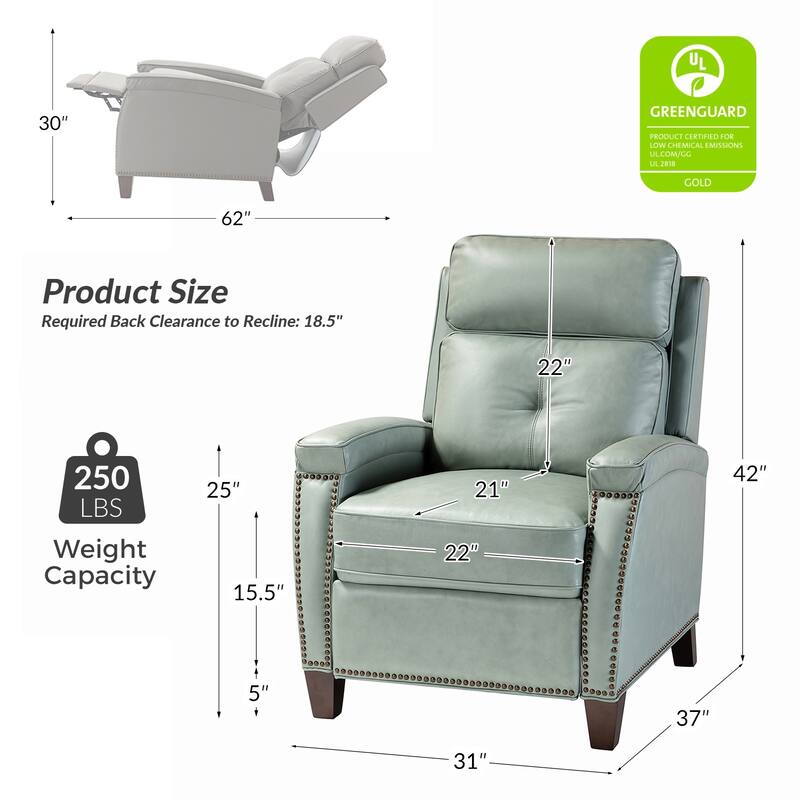 Gaspar Mid-Century Modern Genuine Leather Pushback Recliner with Wood legs Set of 2 by HULALA HOME