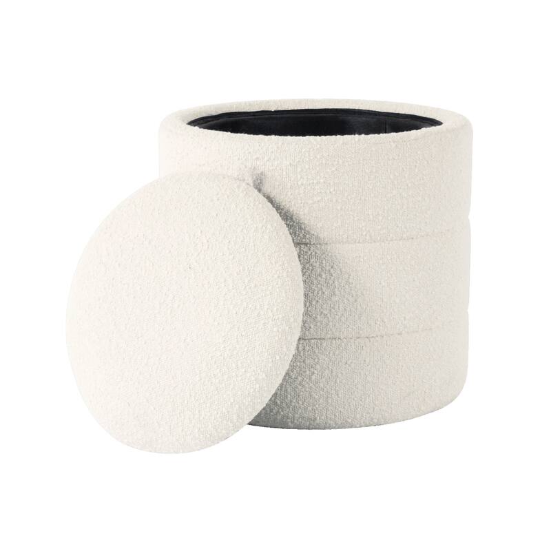 Pero Storage Ottoman, 18 Inch Round Removable Lid, White Boucle Fabric