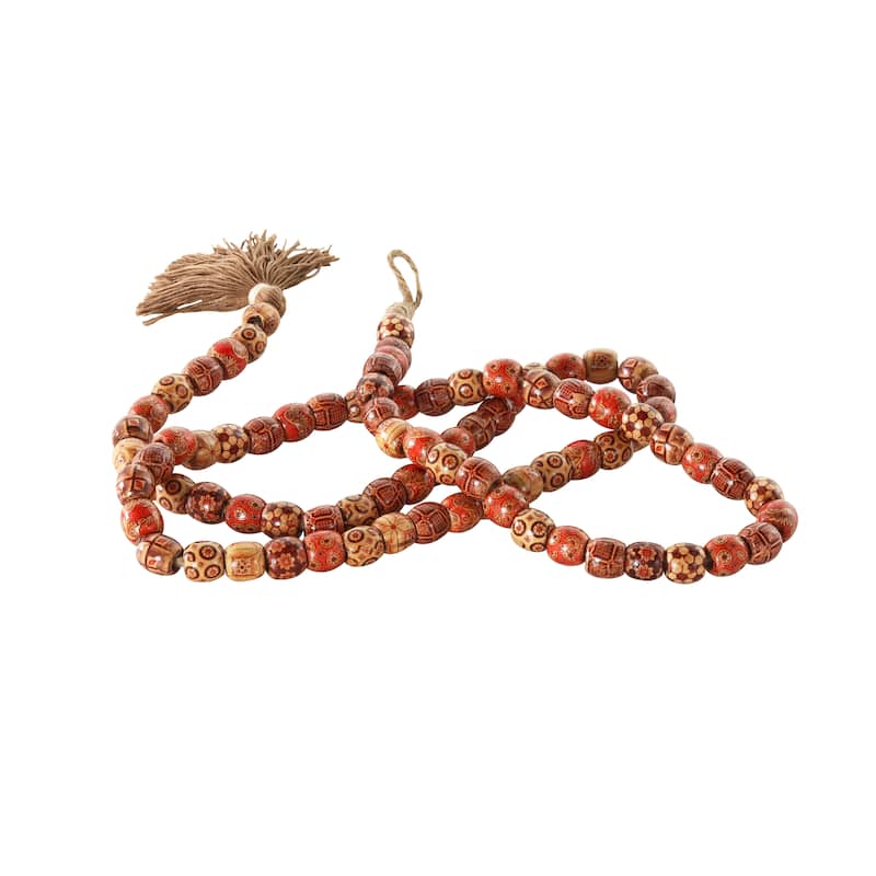 Red or Brown Wood Handmade Long Beaded Garland with Tassel with Bohemian Patterns