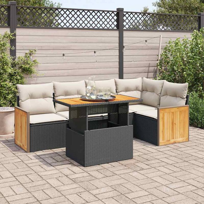 vidaXL Patio Sofa Set with Cushions Outdoor Furniture 6 Piece Poly Rattan - Black and cream with storage - 21.7 x 24.4 x 27.2 in