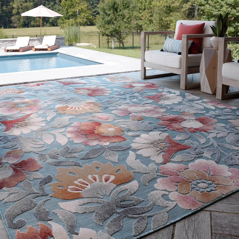 Tropicana Tropical Floral Indoor/Outdoor Area Rug - 7'7'' x 10'3'' - Aqua/Light Red