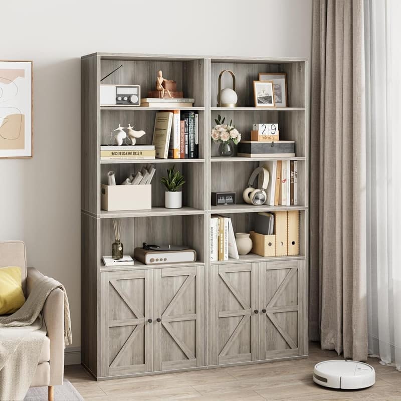 Farmhouse Bookcase with Doors,Display Storage Shelves Industrial Bookcases Wooden 6 Shelf