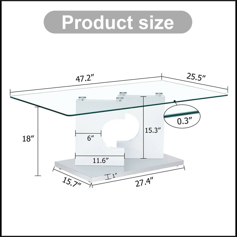 Rectangular Coffee Table with Tempered Glass Tabletop and White MDF Legs