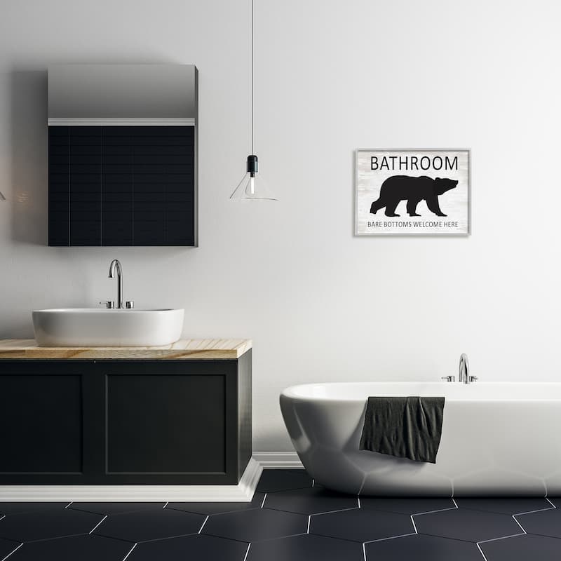 Stupell Bathroom Bare Bottoms Welcome Here Funny Rustic Bear Framed Wall Art - Off-White