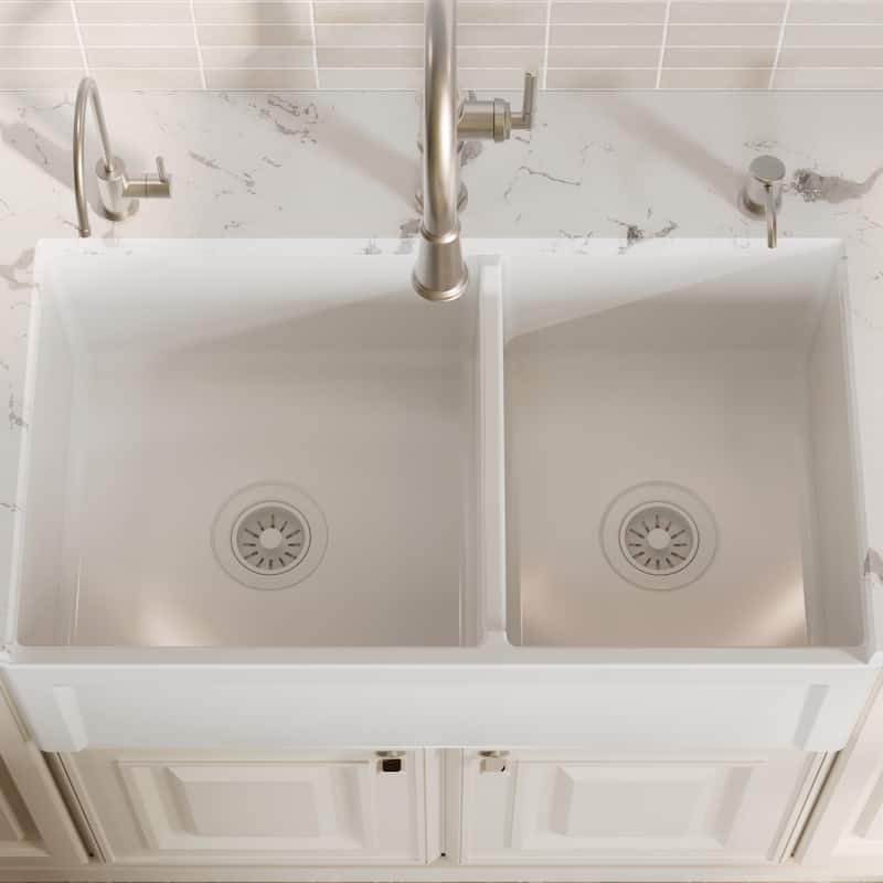 Karran 33" Double Bowl Panel Front Farmhouse Fireclay Kitchen Sink with Reversible Apron Front