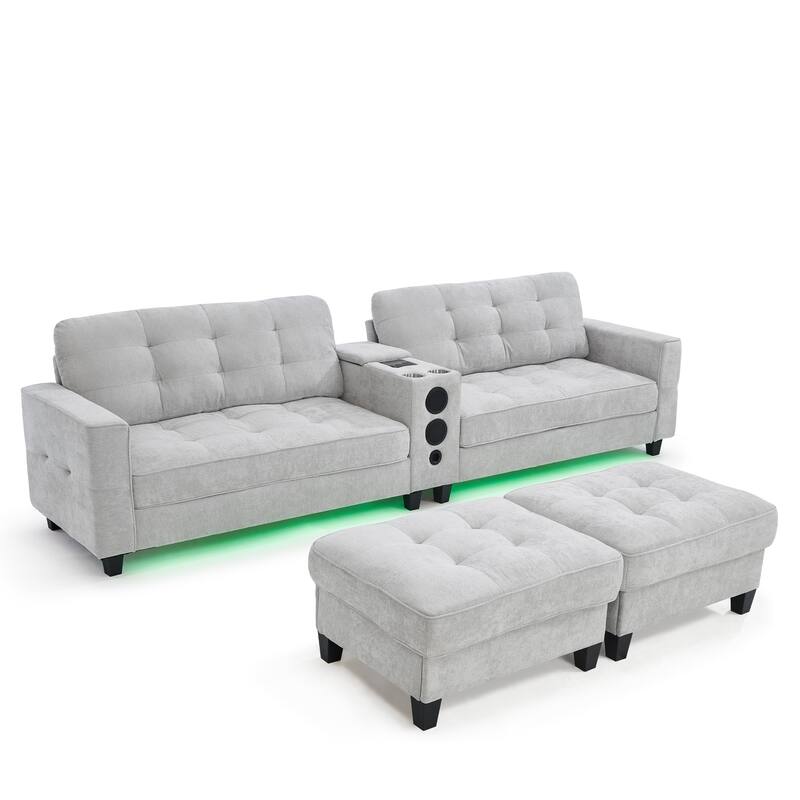 126" U-Shaped Sectional Sofa with Storage Ottomans & Bluetooth Speakers - Modular Couch with LED Lights, Console