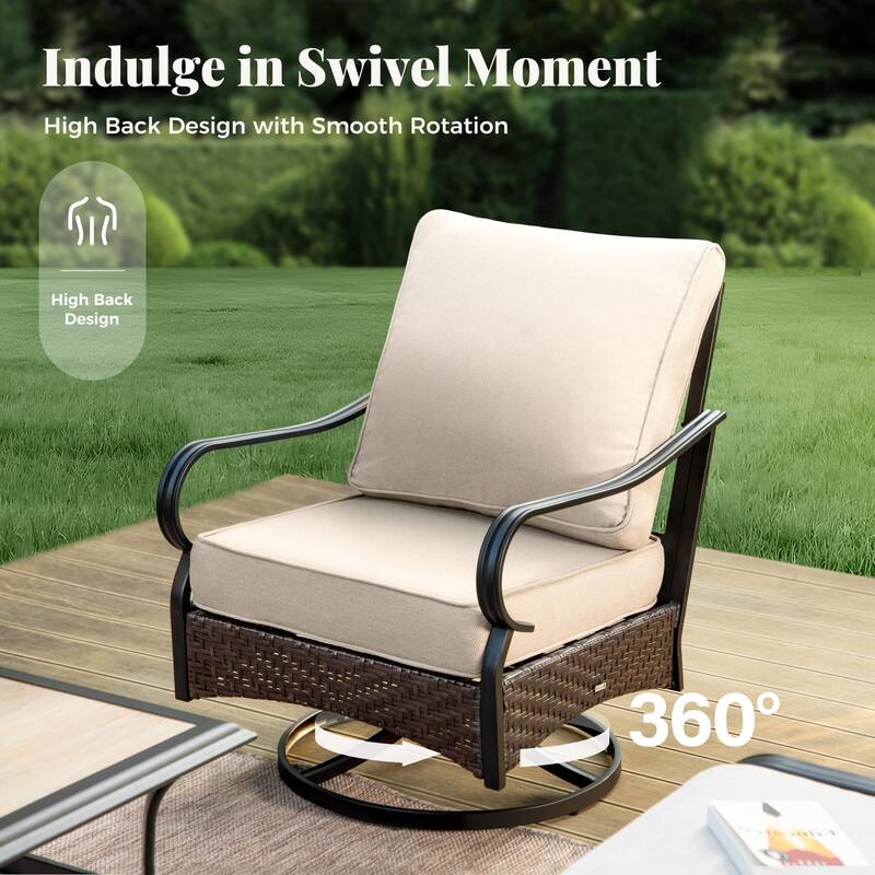 MAISON ARTS Patio Furniture Set with 56" Fire Pit Table, Deep Seating Sofa & Swivel, Rocking, and Fixed Chairs (5 Seats, Beige)