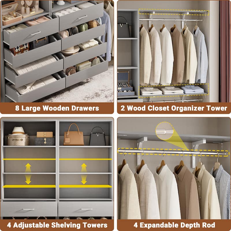 Set of 2 Closet System with Wooden Drawers and Hanging Rods, Closet Organizer with Adjustable Storage Shelves